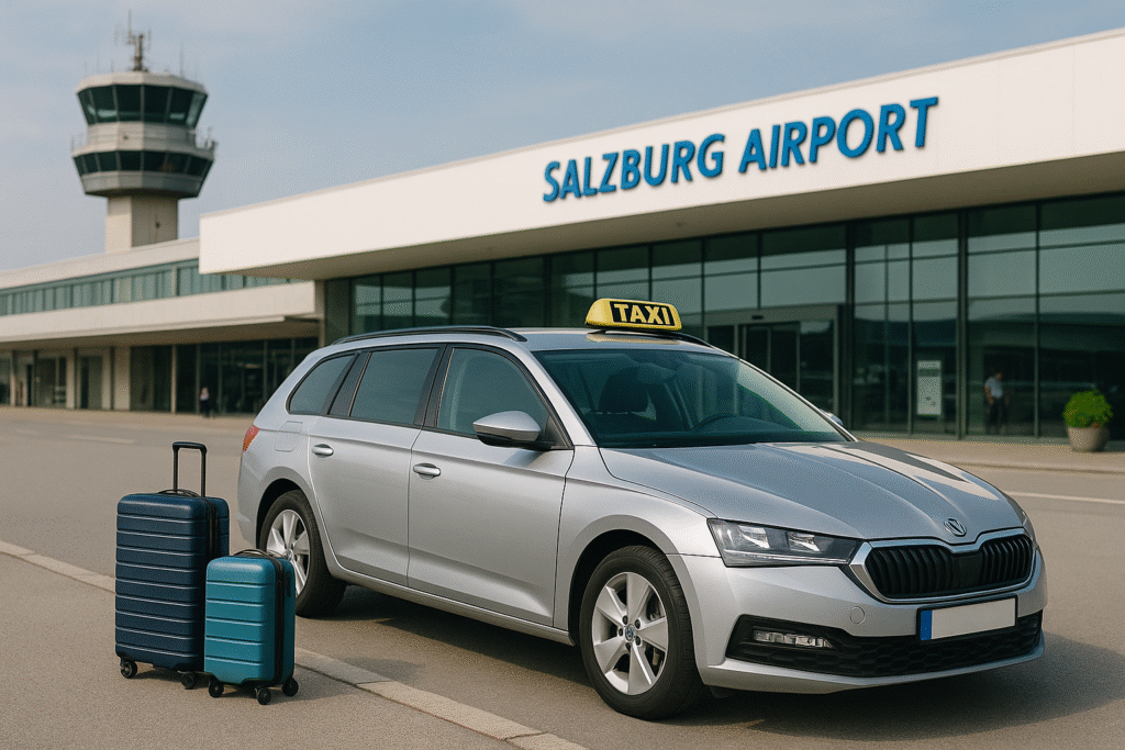 Salzburg Airport taxi waiting outside terminal for 24/7 fast and reliable airport transfer service